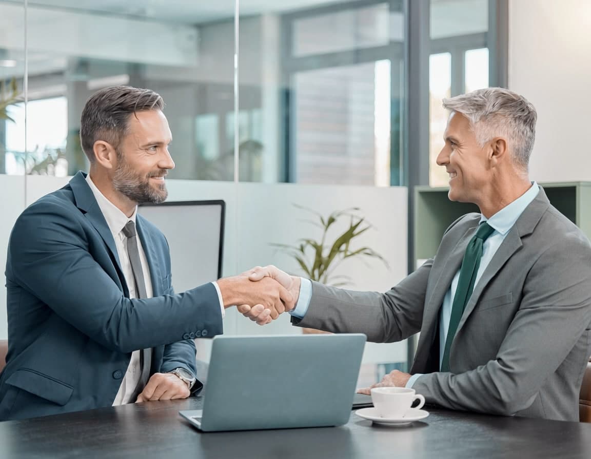 An IT consultant and a business owner shaking hands in an office